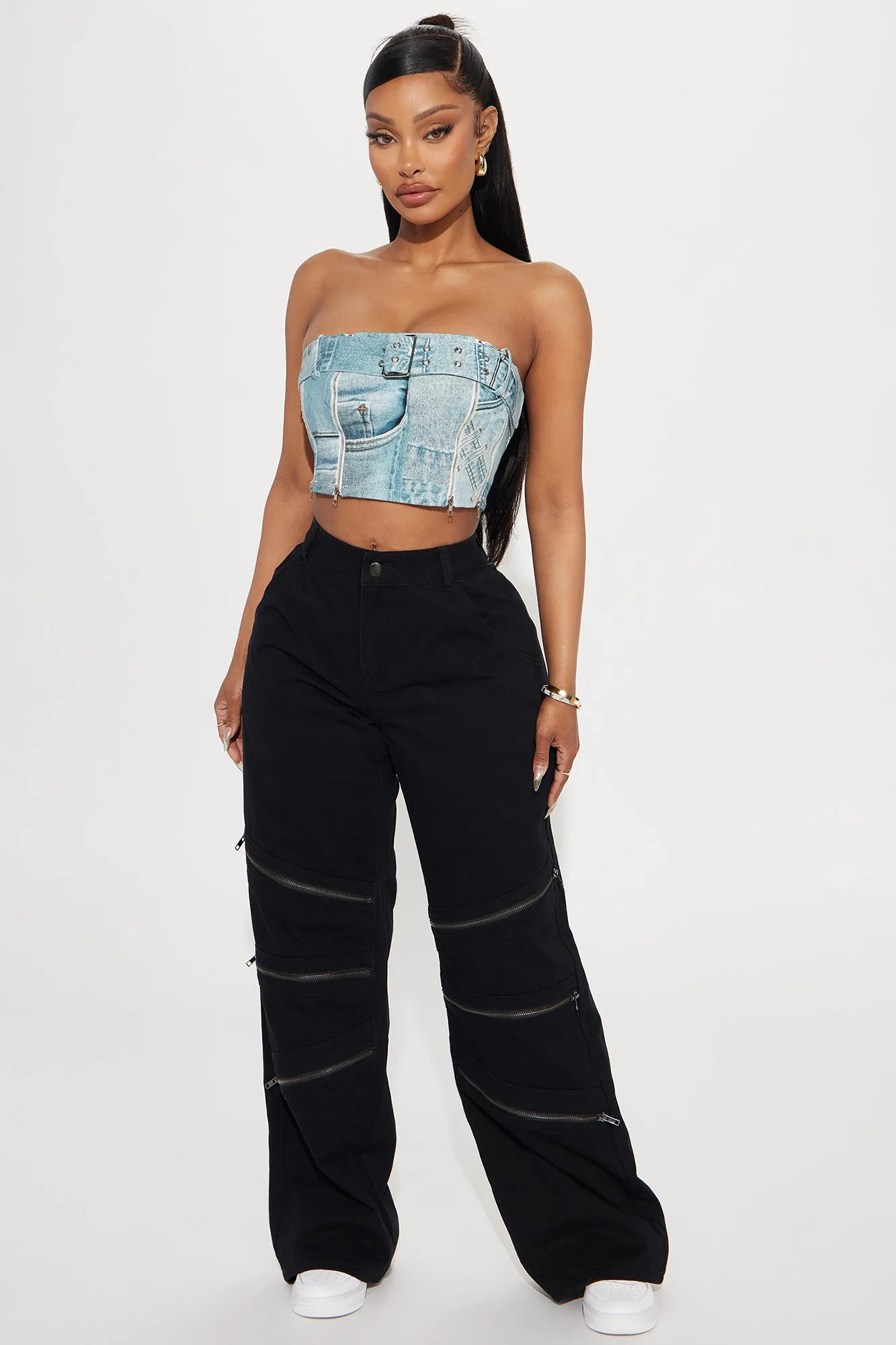 Down For It Denim Print Top - Blue/combo