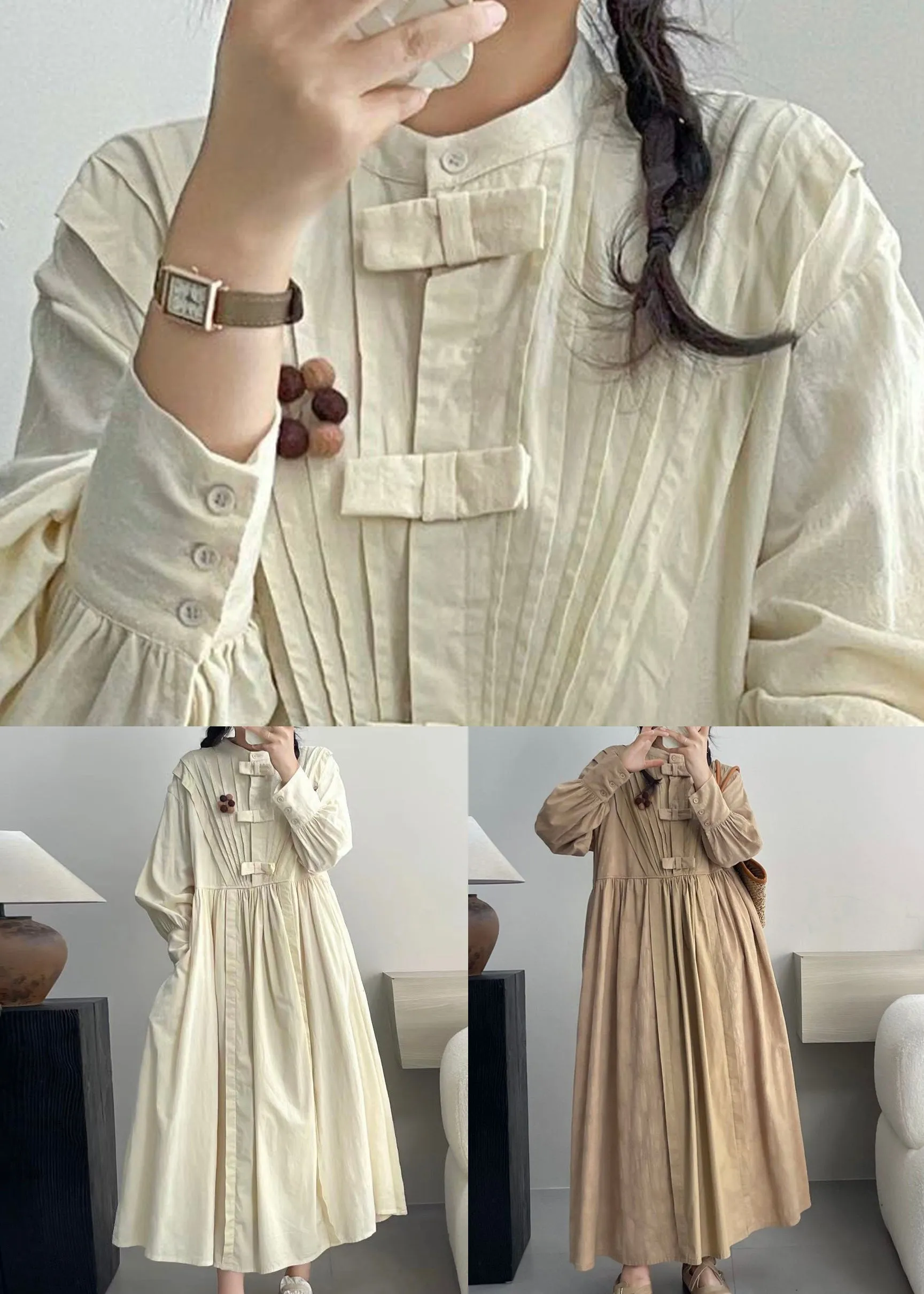 Elegant Beige Wrinkled Button Cotton Dresses Long Sleeve NN028