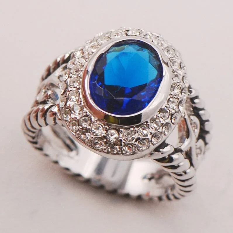 Elegant Blue Crystal Sapphire CZ Ring - 925 Sterling Silver