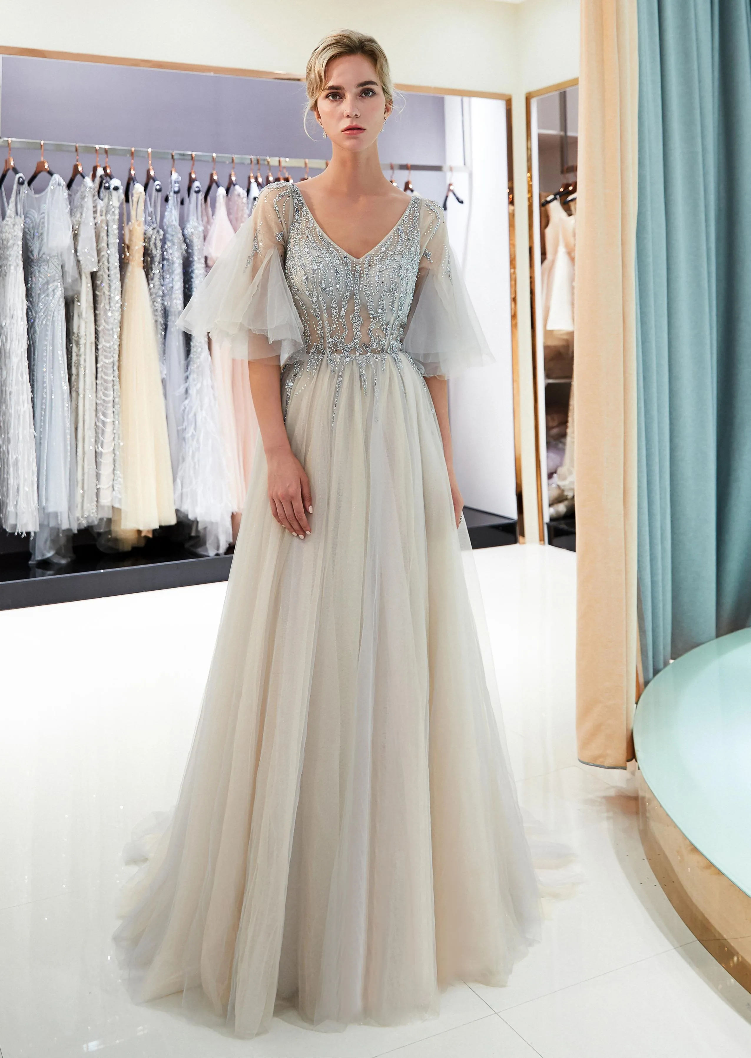 Elegant Chiffon Champagne A Line Floor Length Prom Dresses