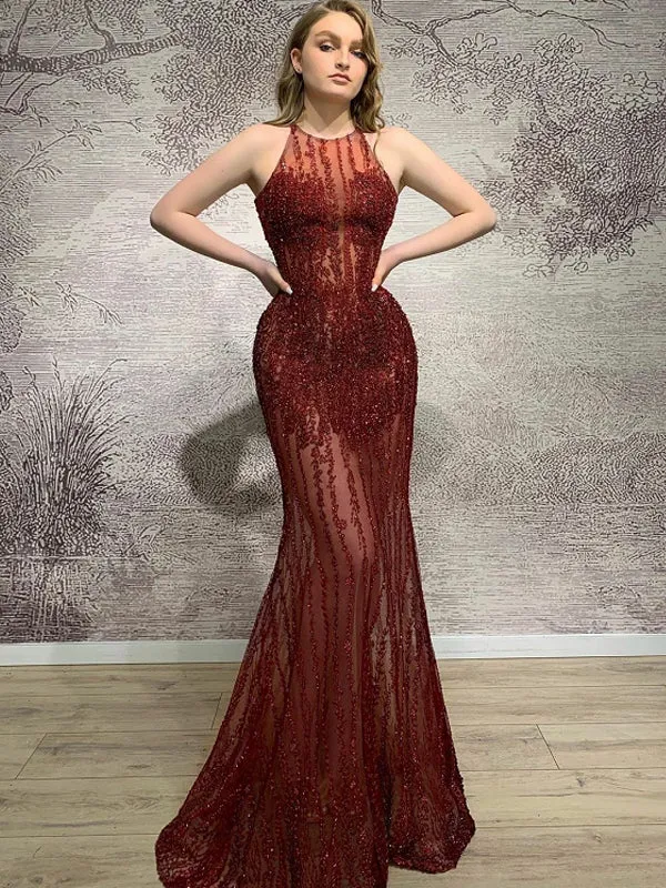 Elegant Mermaid Halter Sequin Long Prom Dresses, PDS0160