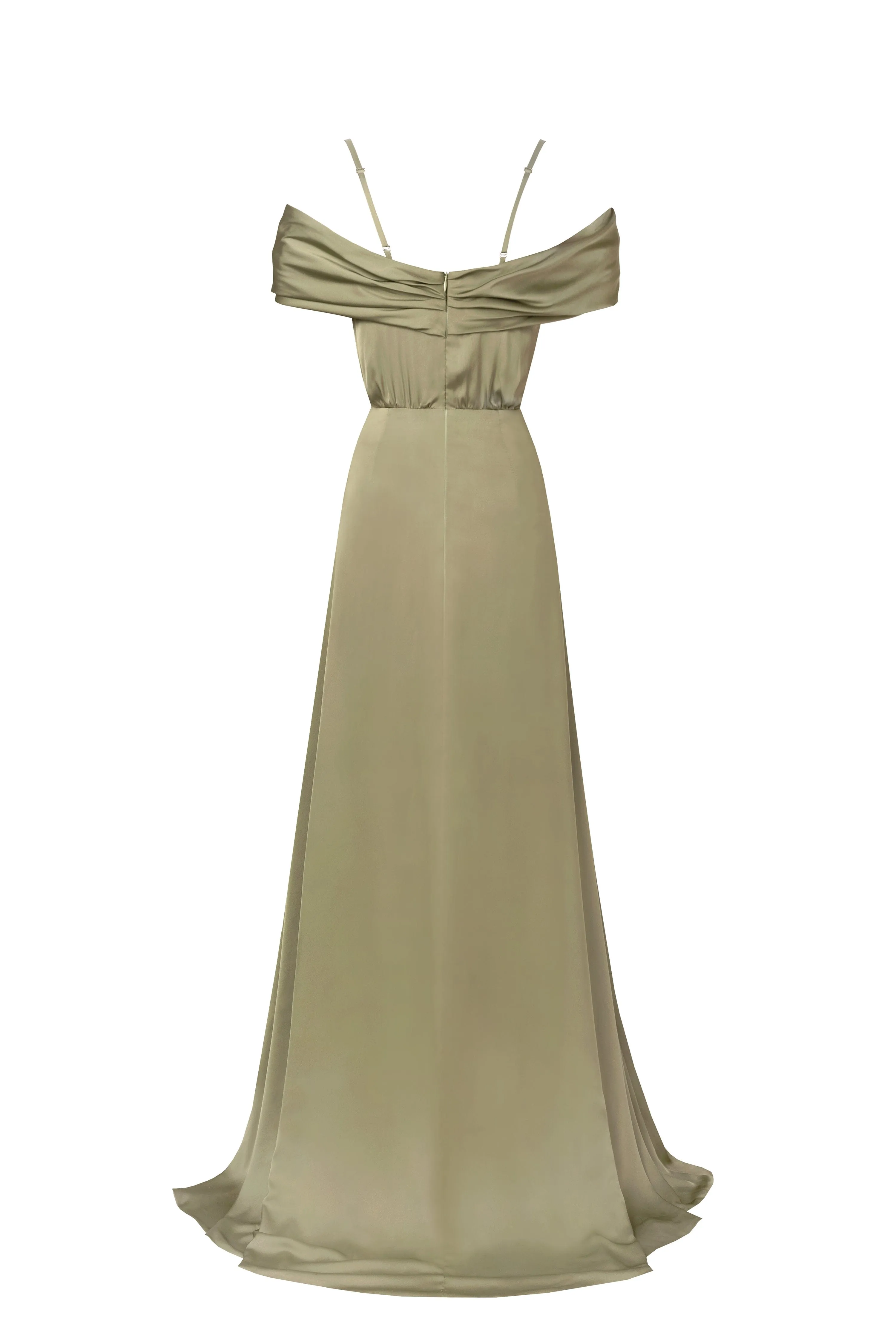 Elegant olive off-the-shoulder silk maxi dress