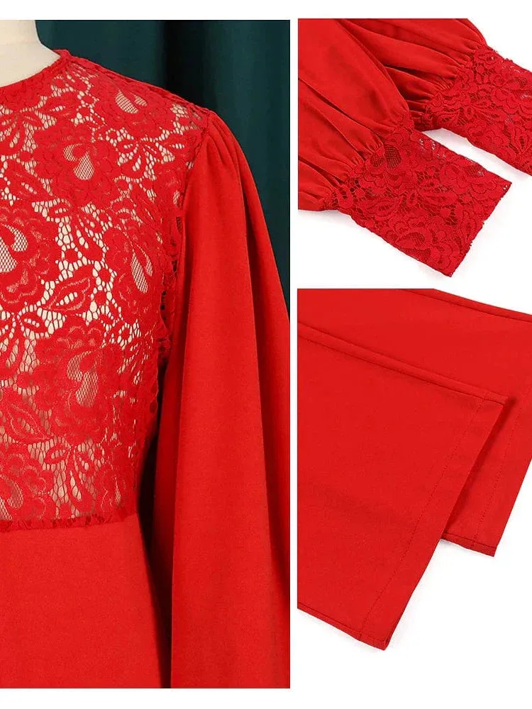 Elegant Red Lace Jumpsuit with Bishop Sleeves for Women