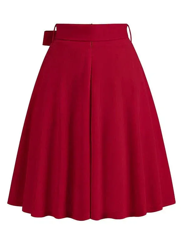 Elegant Vintage High Waist Swing Midi Skirt with Pockets and Belt