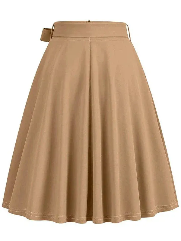 Elegant Vintage High Waist Swing Midi Skirt with Pockets and Belt