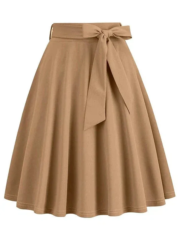 Elegant Vintage High Waist Swing Midi Skirt with Pockets and Belt