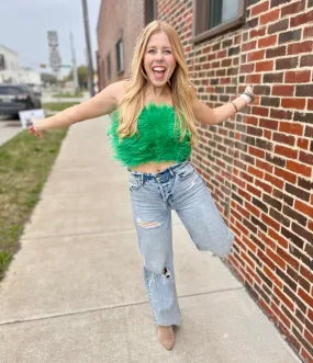 Fancy Strapless Feather Crop Top - Green