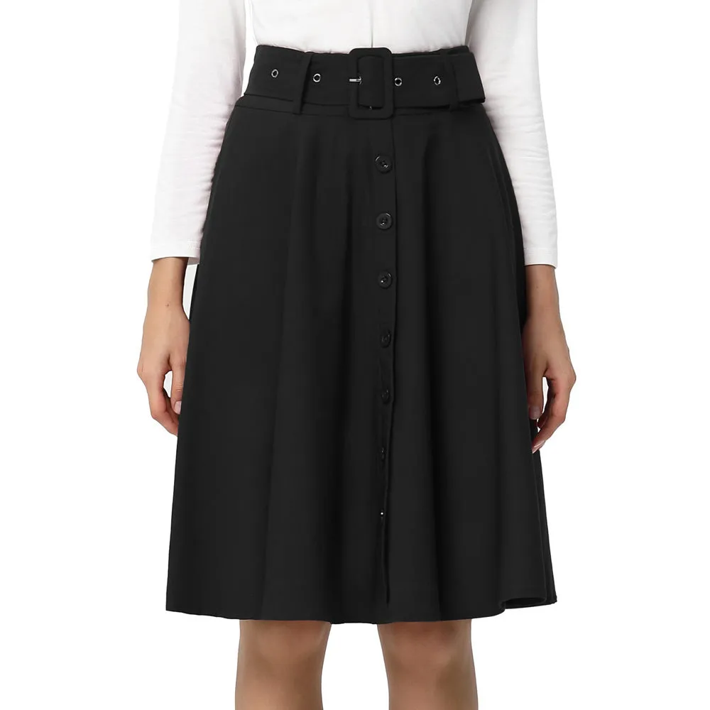 Fans Look of Solid Color Buttons Decorated Flared A-Line Skirt With Belt & Pockets