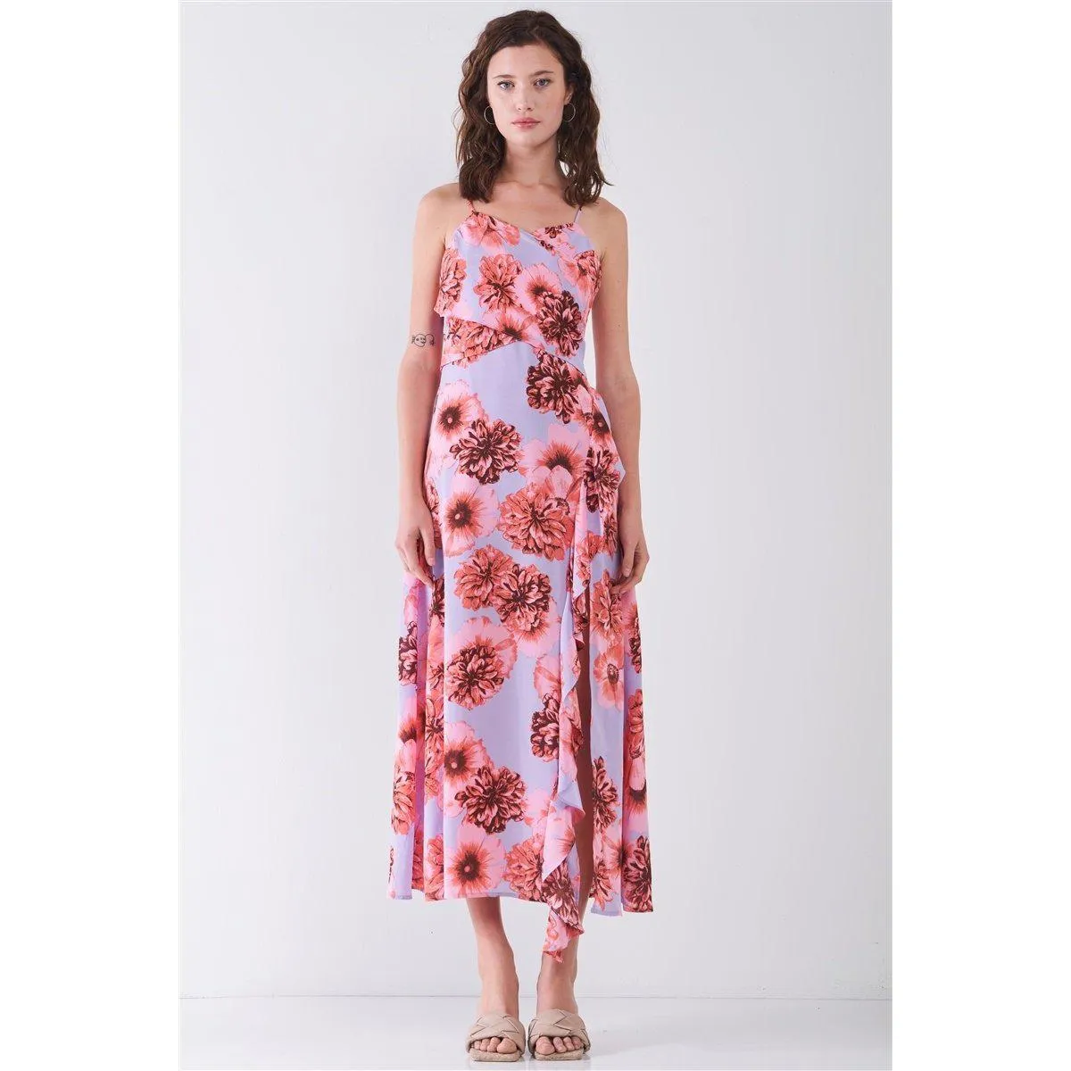 Floral Print Sleeveless Self-tie Wide Wrap Front Ruffle Hem Side Slit Detail Midi Dress