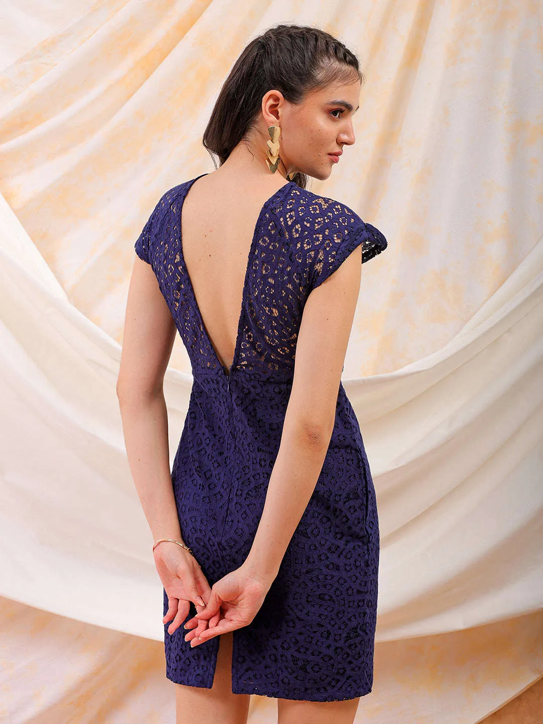 Freehand Women Blue Fitted Lace Round Neck Sheath Dress