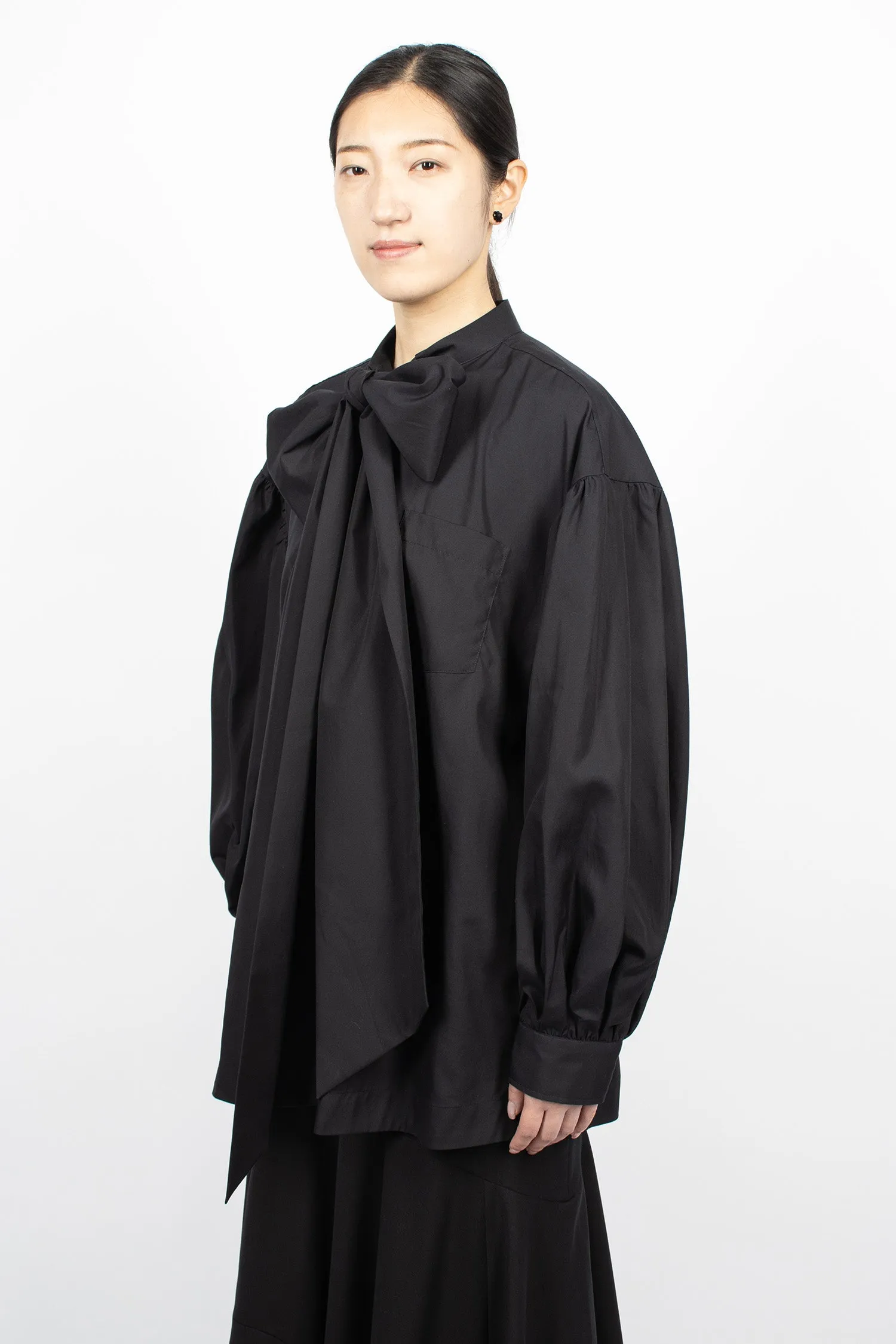 Front Bow Puff Sleeve Shirt Black