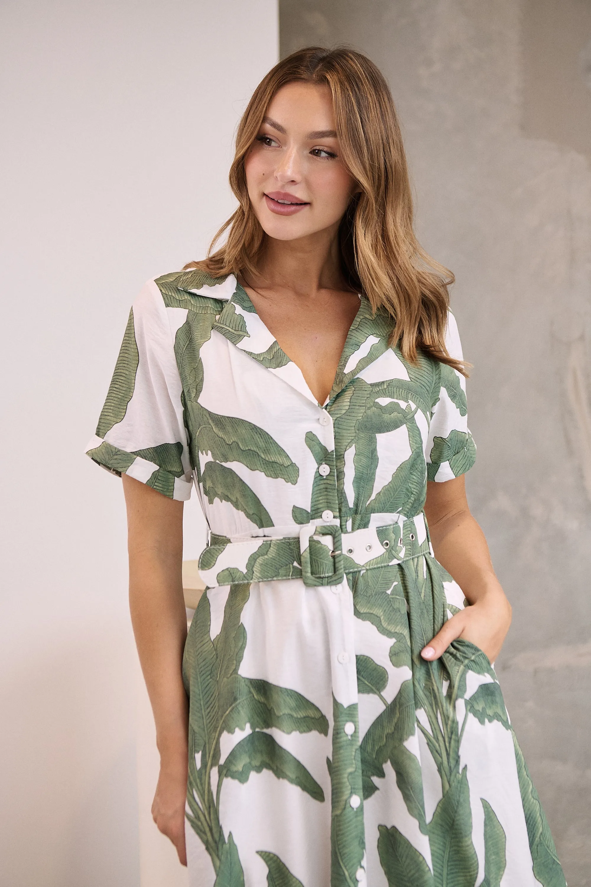 Gianna Leaf Green/White Palm Print Button Front Belted Midi Dress