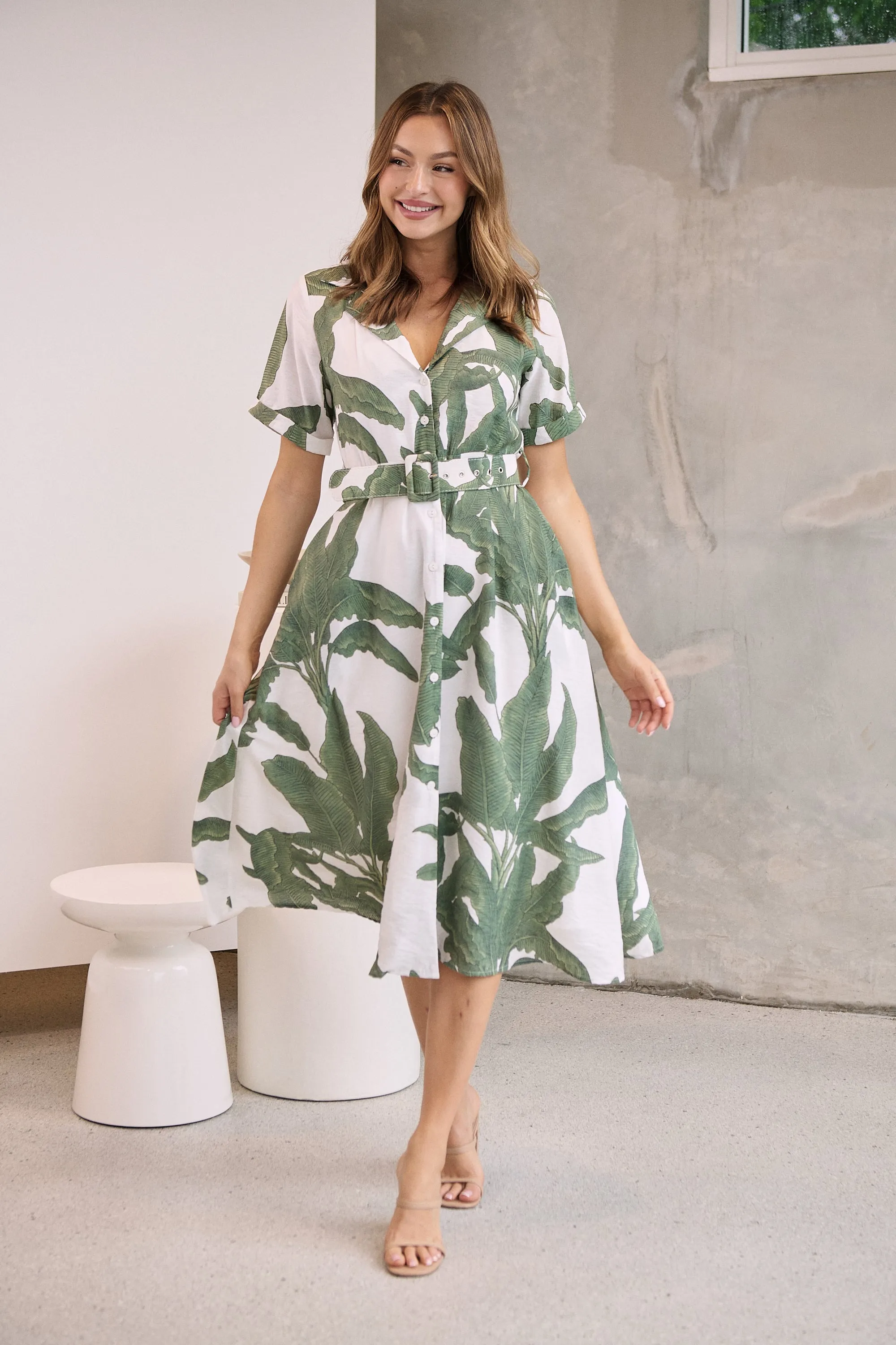 Gianna Leaf Green/White Palm Print Button Front Belted Midi Dress