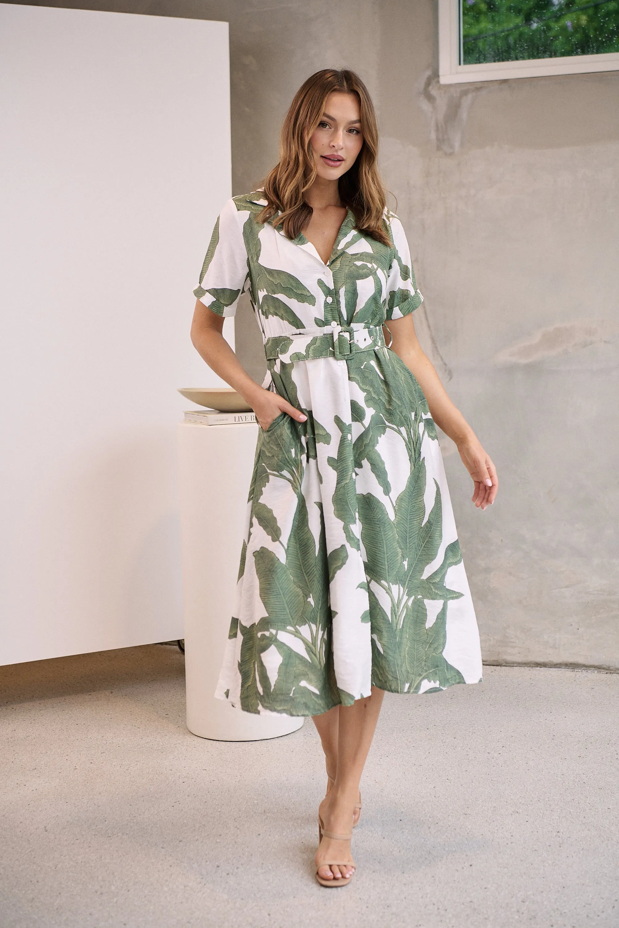 Gianna Leaf Green/White Palm Print Button Front Belted Midi Dress