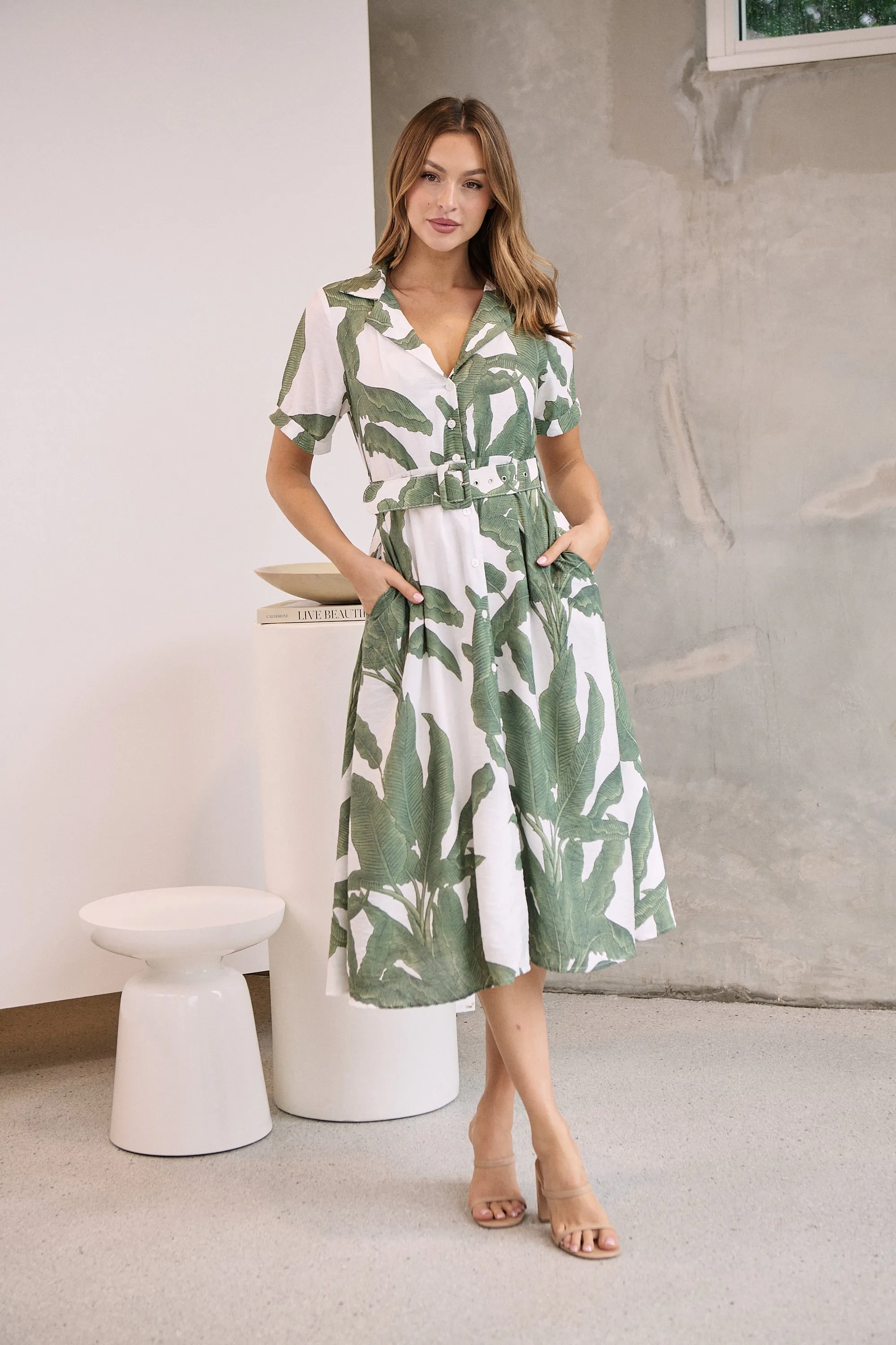 Gianna Leaf Green/White Palm Print Button Front Belted Midi Dress