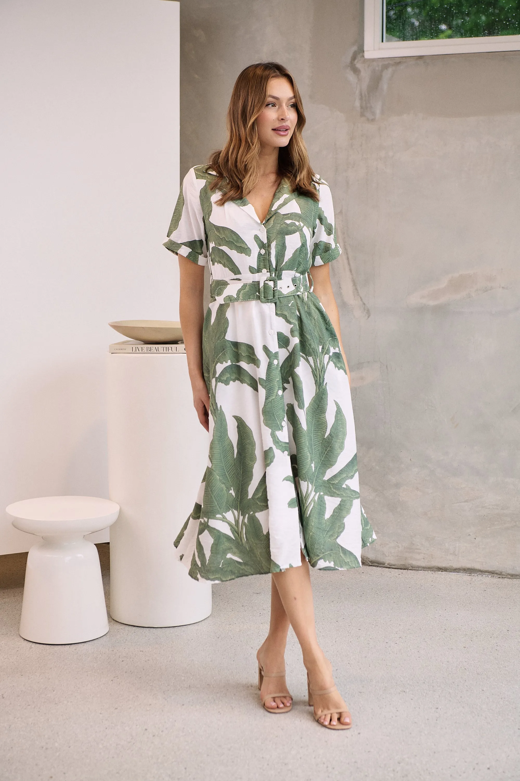 Gianna Leaf Green/White Palm Print Button Front Belted Midi Dress