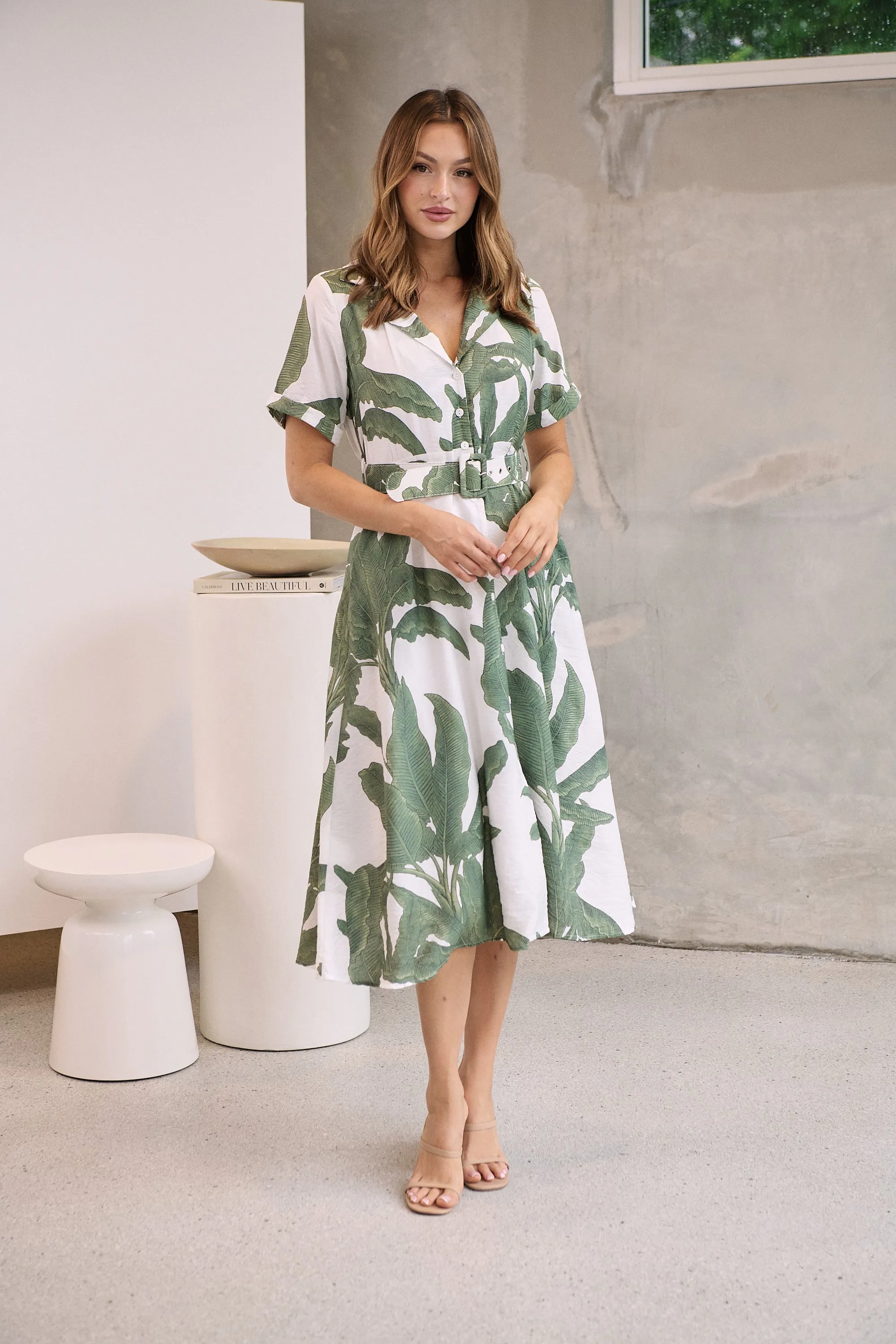 Gianna Leaf Green/White Palm Print Button Front Belted Midi Dress