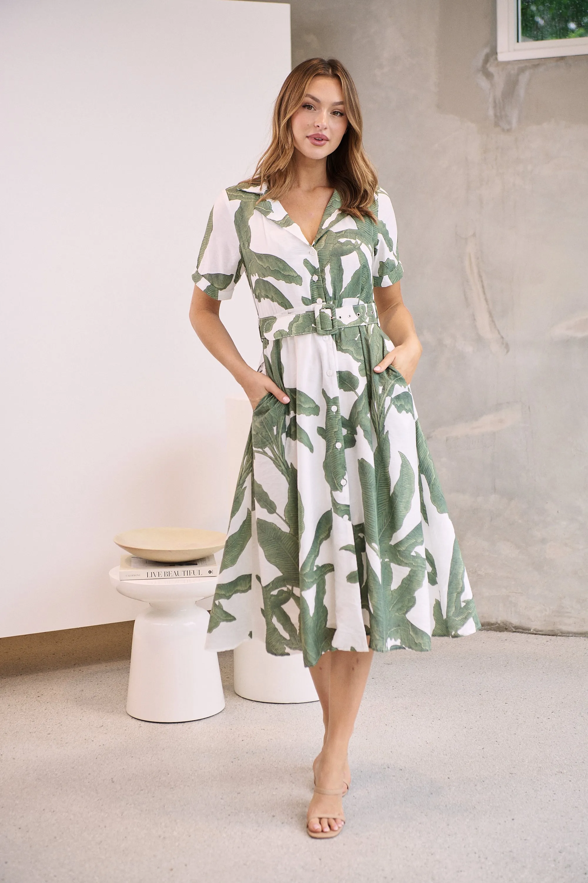 Gianna Leaf Green/White Palm Print Button Front Belted Midi Dress