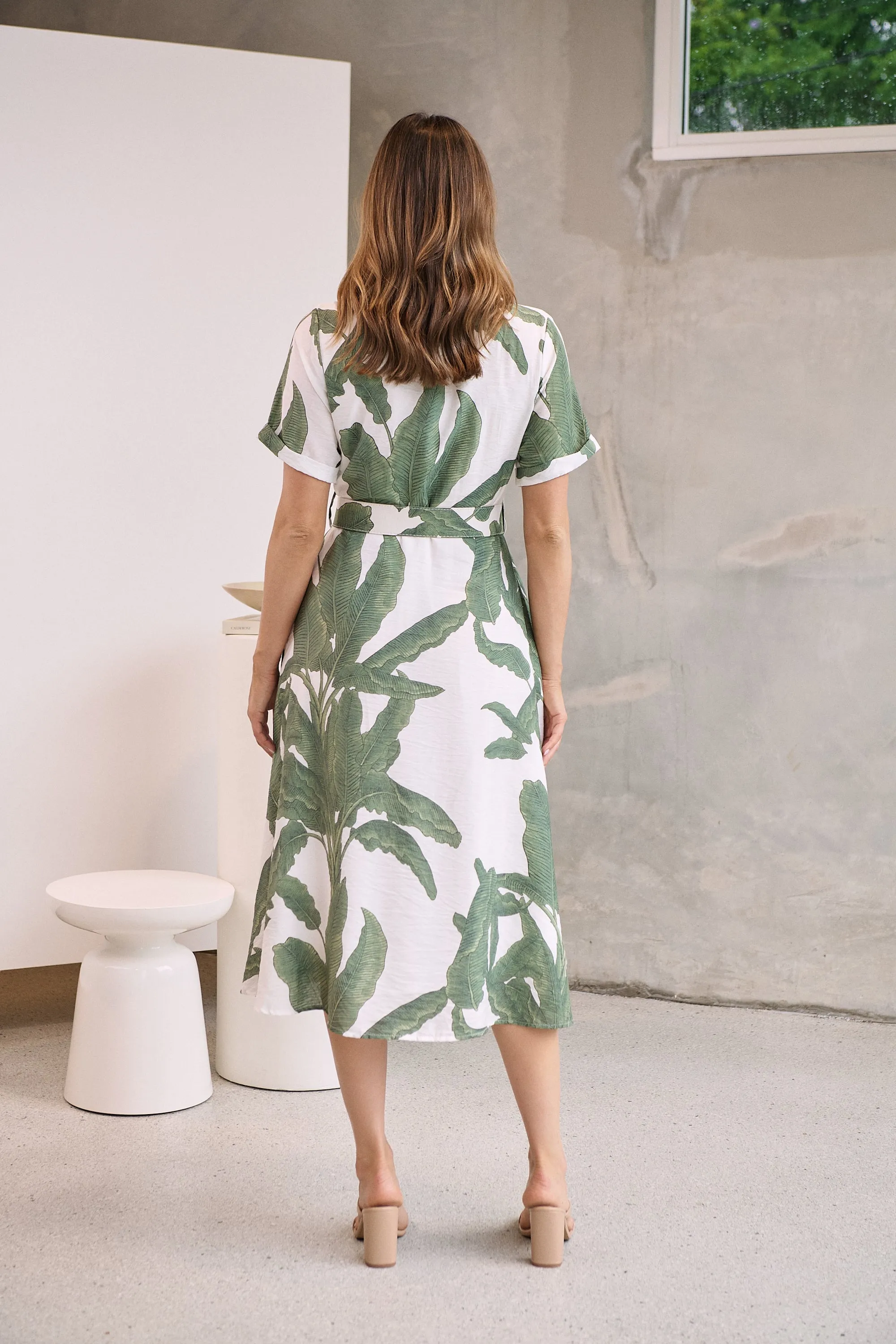 Gianna Leaf Green/White Palm Print Button Front Belted Midi Dress