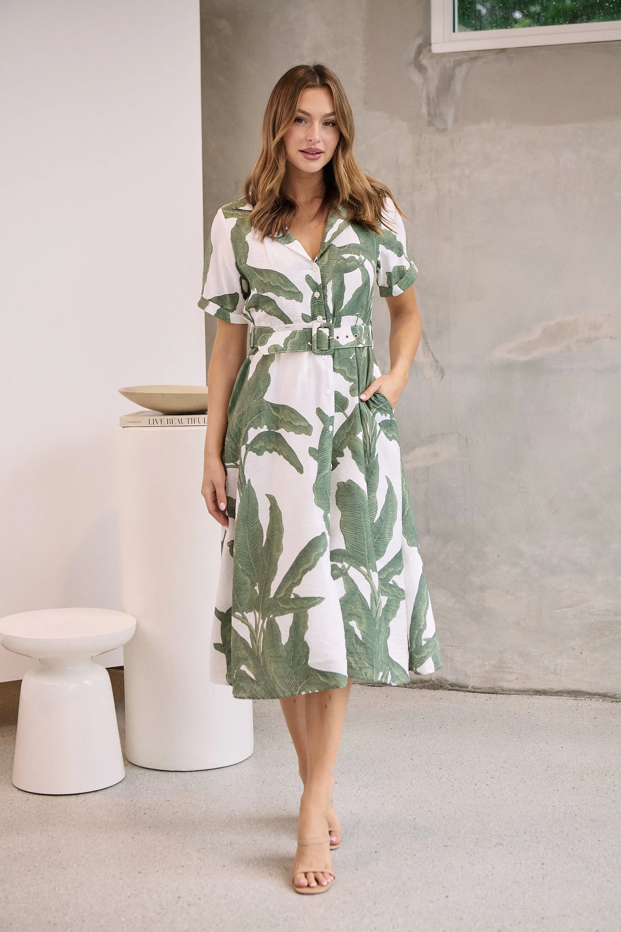 Gianna Leaf Green/White Palm Print Button Front Belted Midi Dress