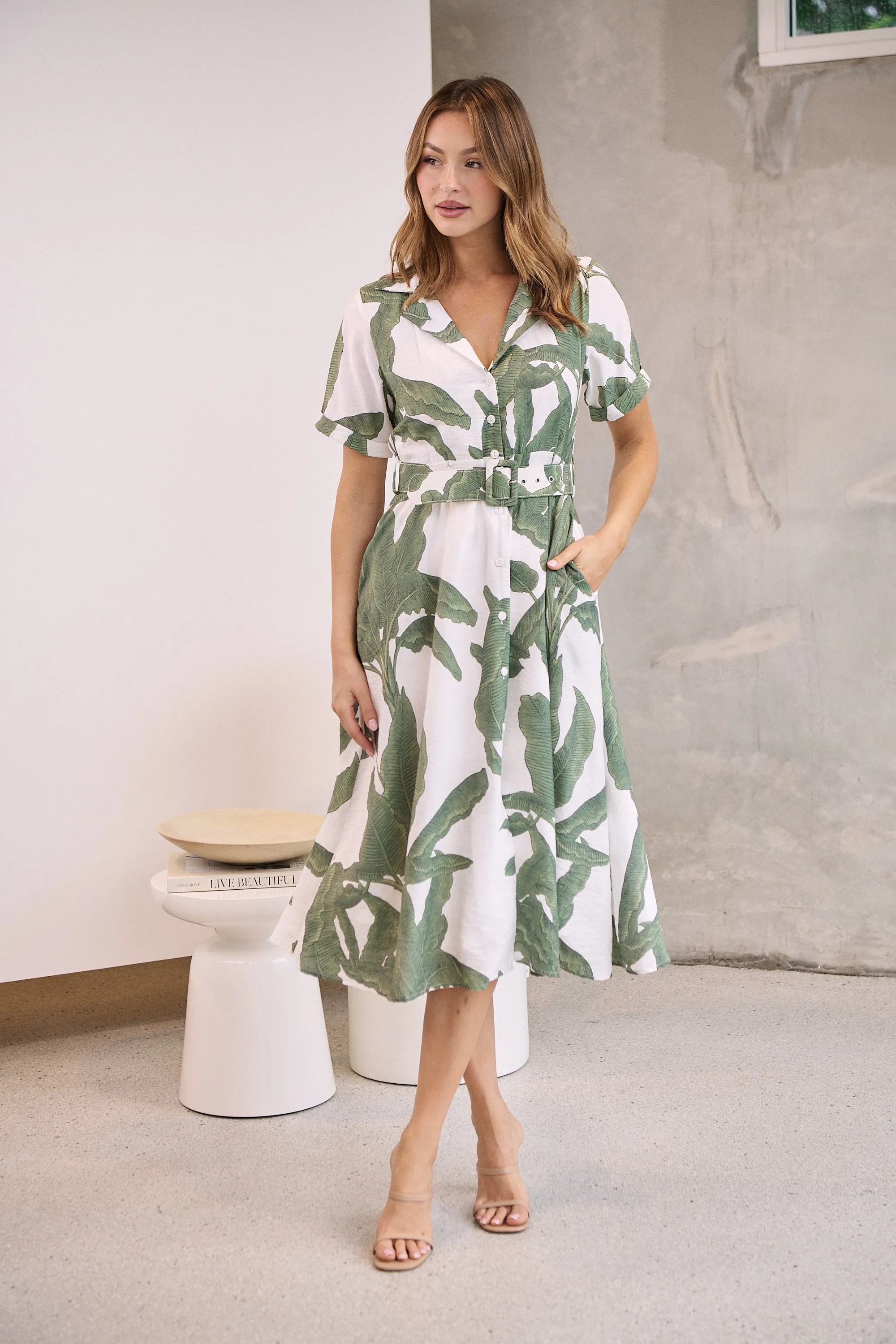 Gianna Leaf Green/White Palm Print Button Front Belted Midi Dress