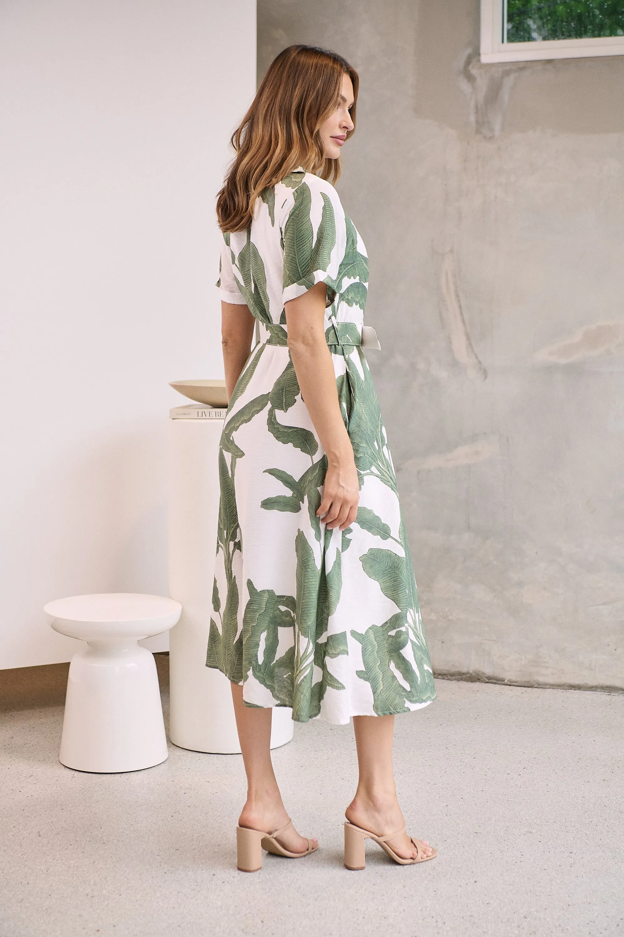 Gianna Leaf Green/White Palm Print Button Front Belted Midi Dress