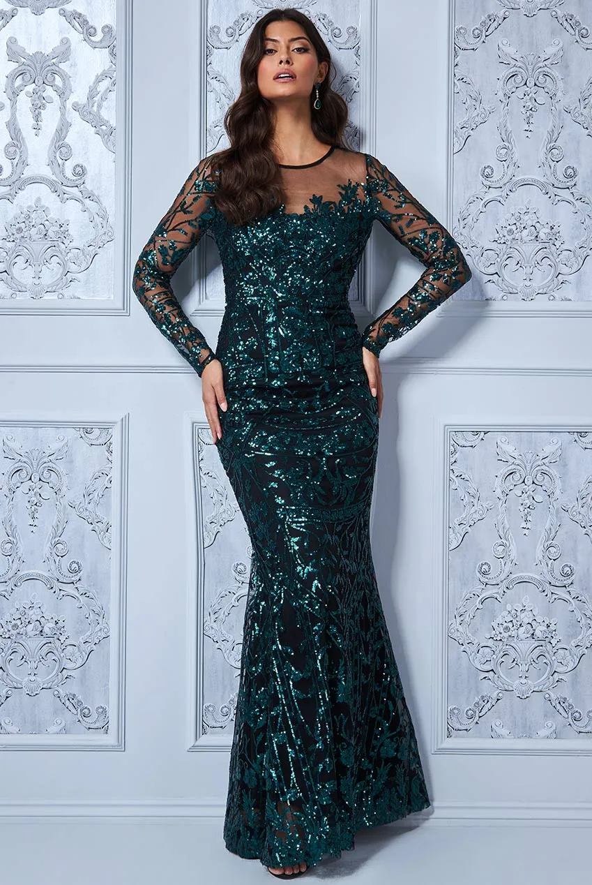 Goddiva Sequin Mesh Embroidered Maxi Dress