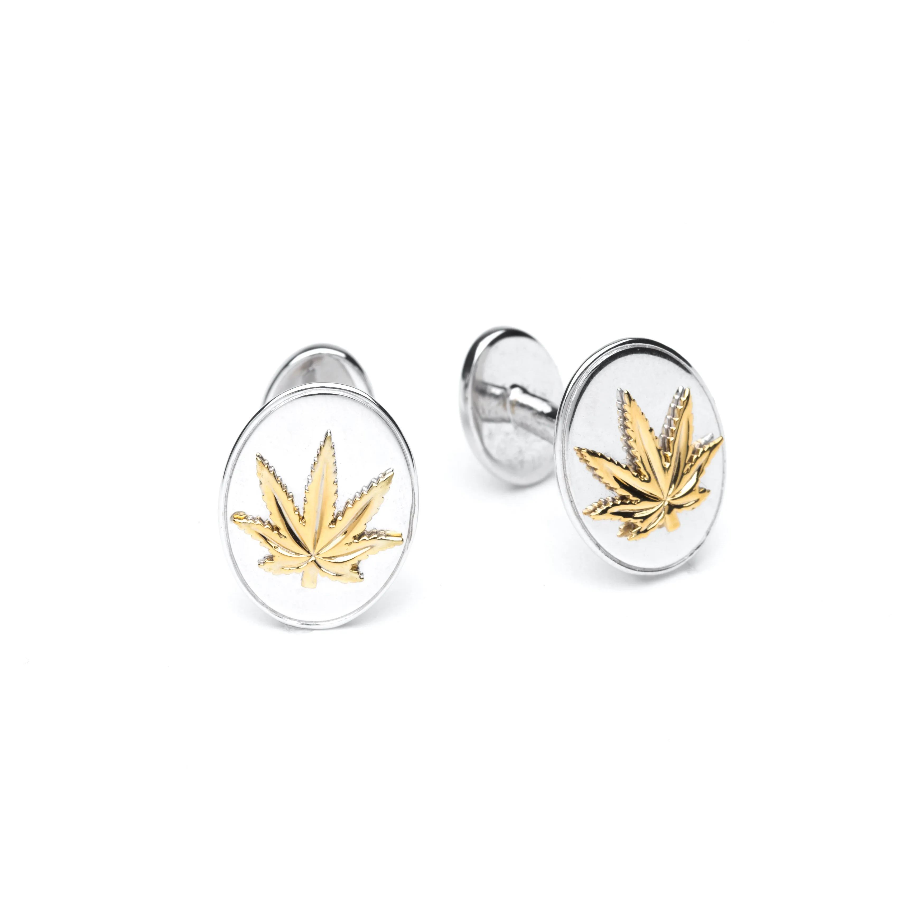 Gold and Sterling Silver Sativa Leaf Oval Cufflinks