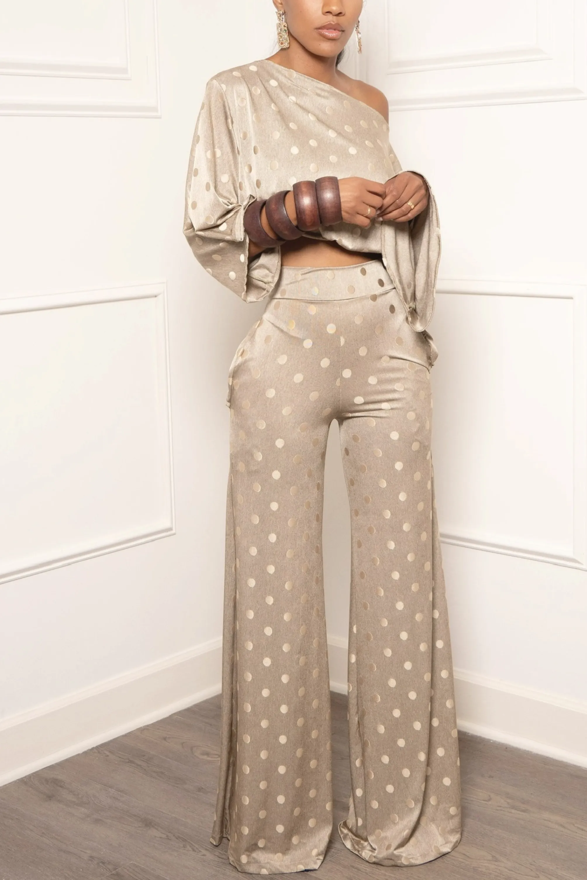 Golden Polka Dot High Waisted Pocket Wide leg Pants