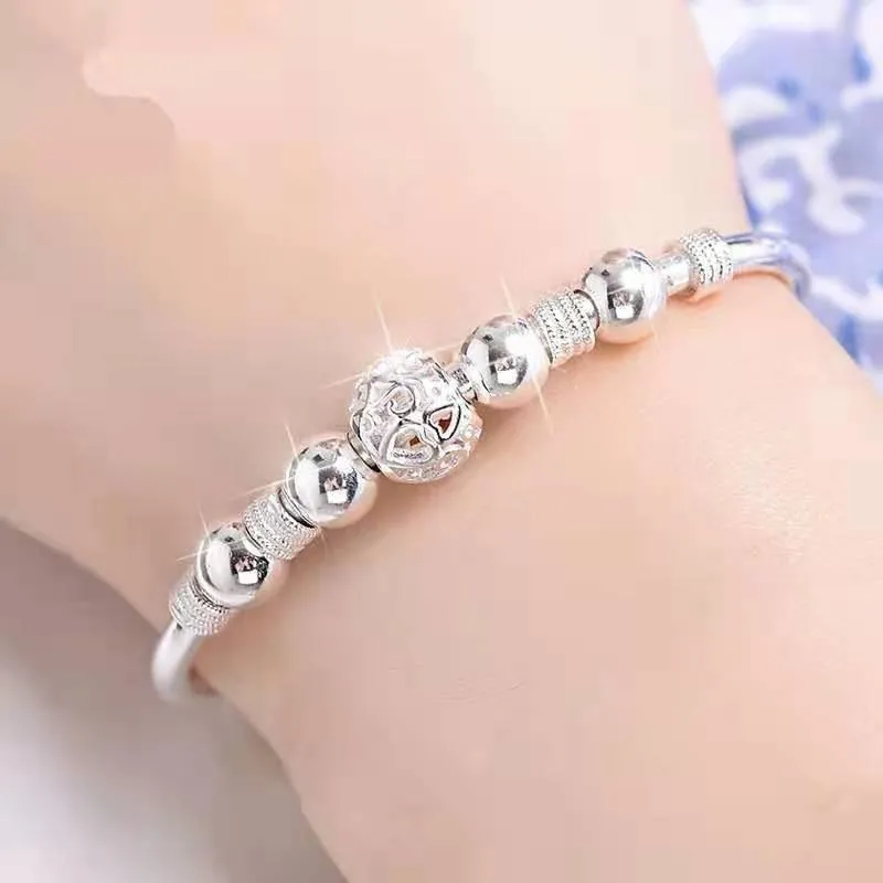 HEART CUT-OUT SILVER BEADED CHARM BANGLE BRACELET