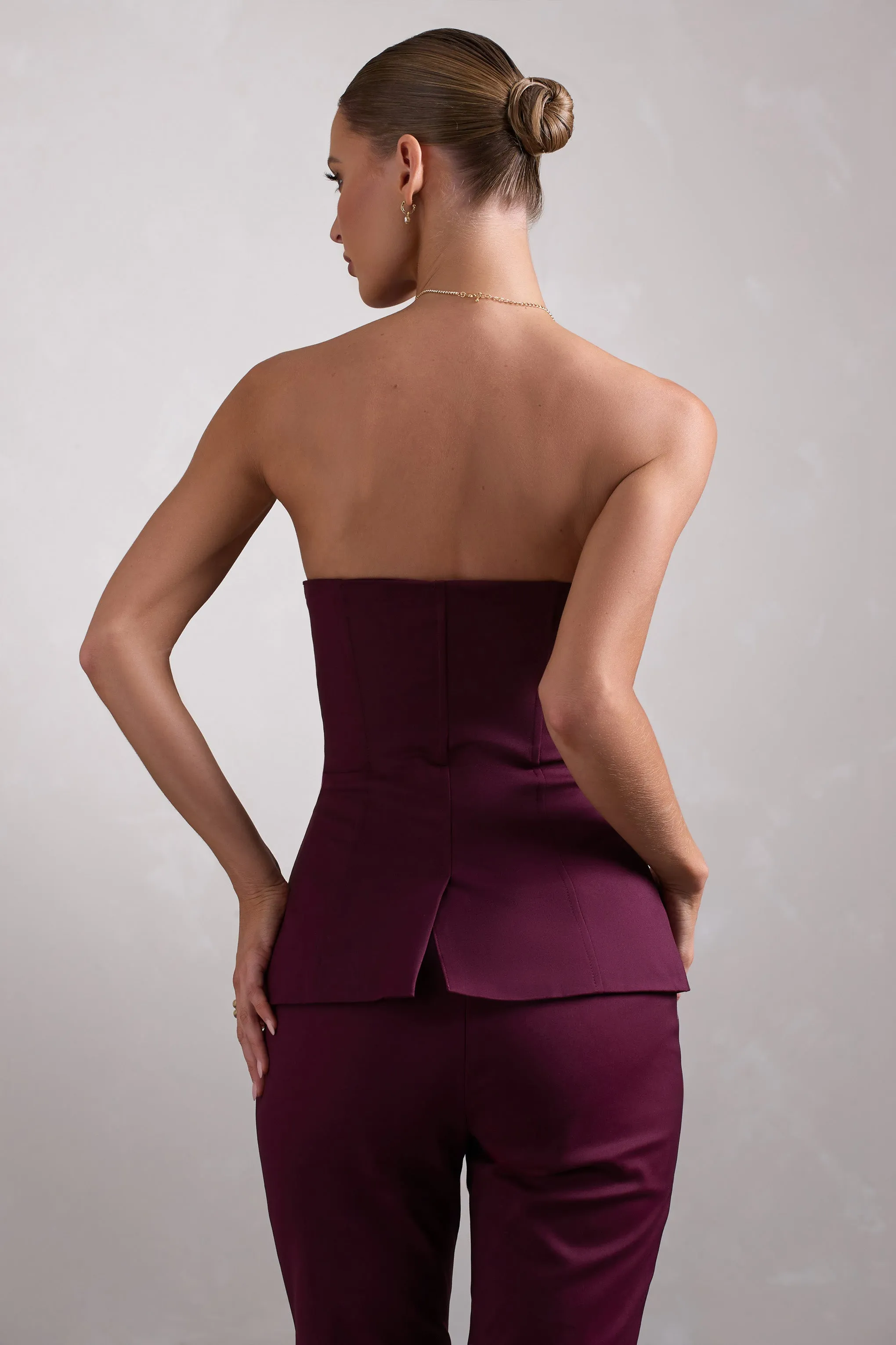 Illusive | Burgundy Satin-Blend Strapless Panelled Corset Top