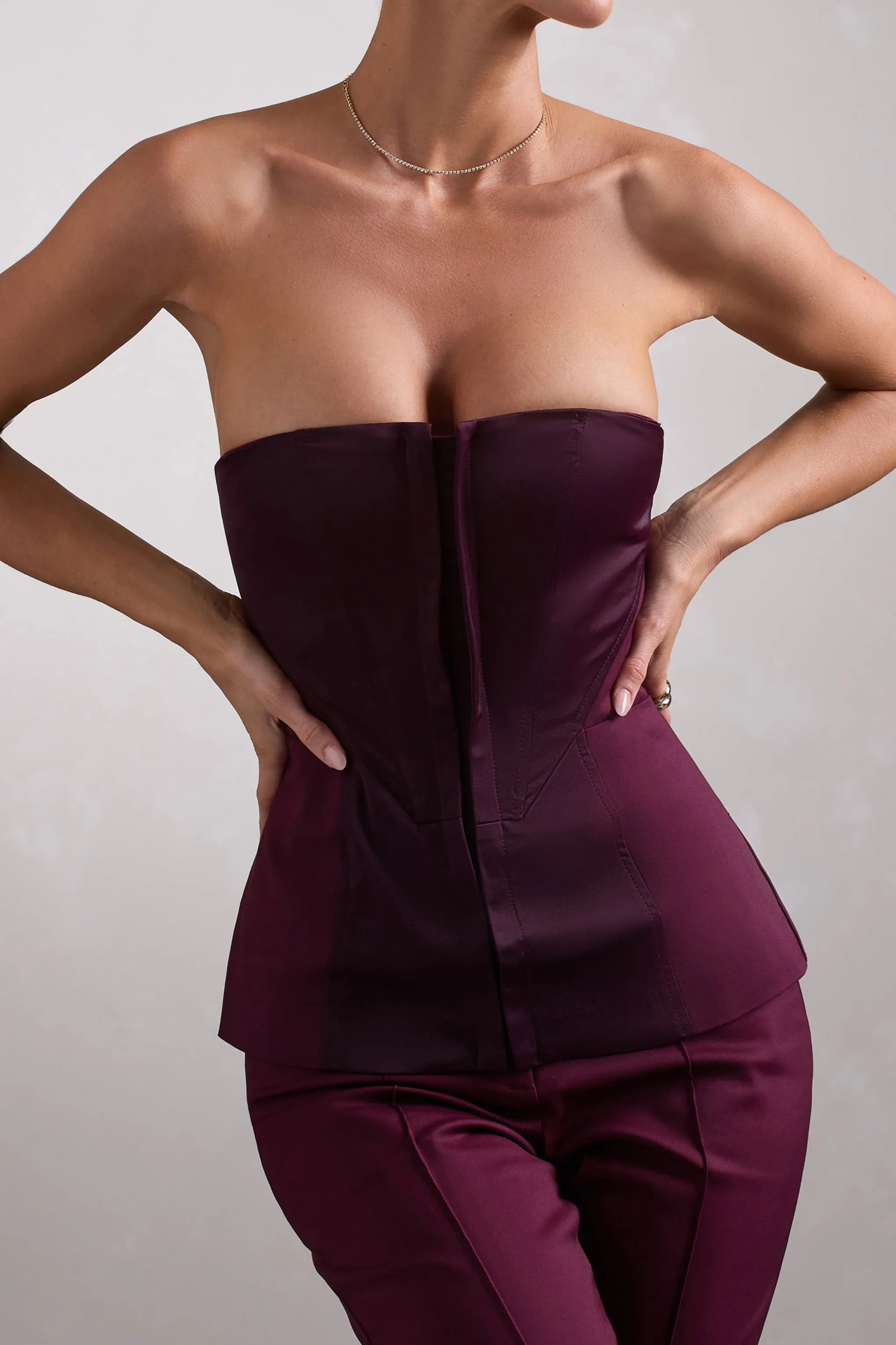 Illusive | Burgundy Satin-Blend Strapless Panelled Corset Top