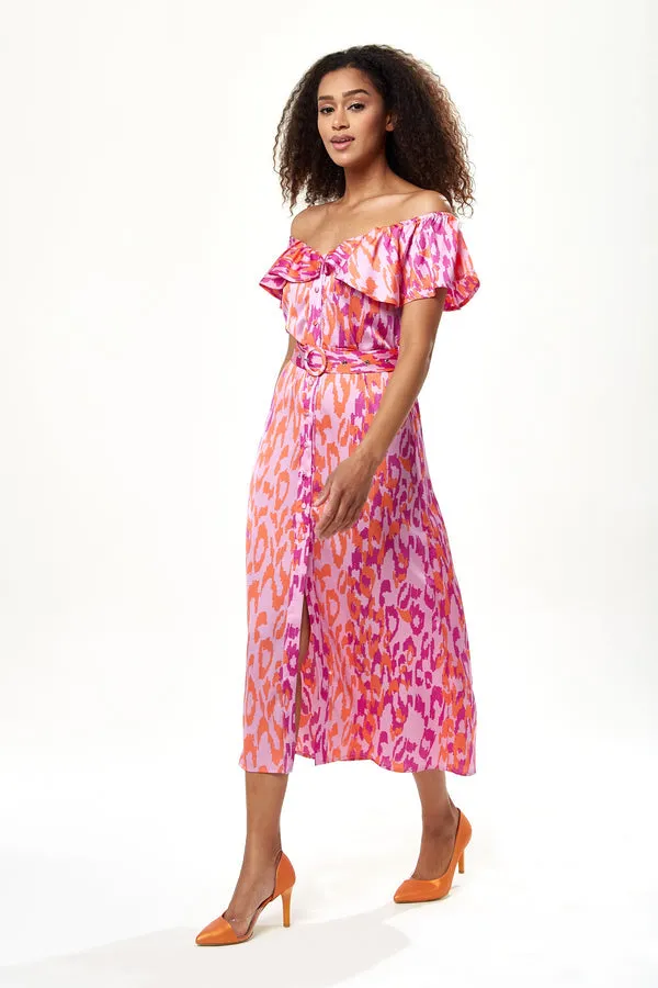 Liquorish Belted Midi Dress With Off Shoulder Sleeves Pink