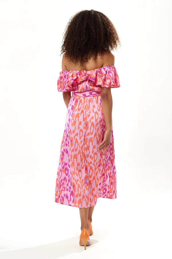 Liquorish Belted Midi Dress With Off Shoulder Sleeves Pink