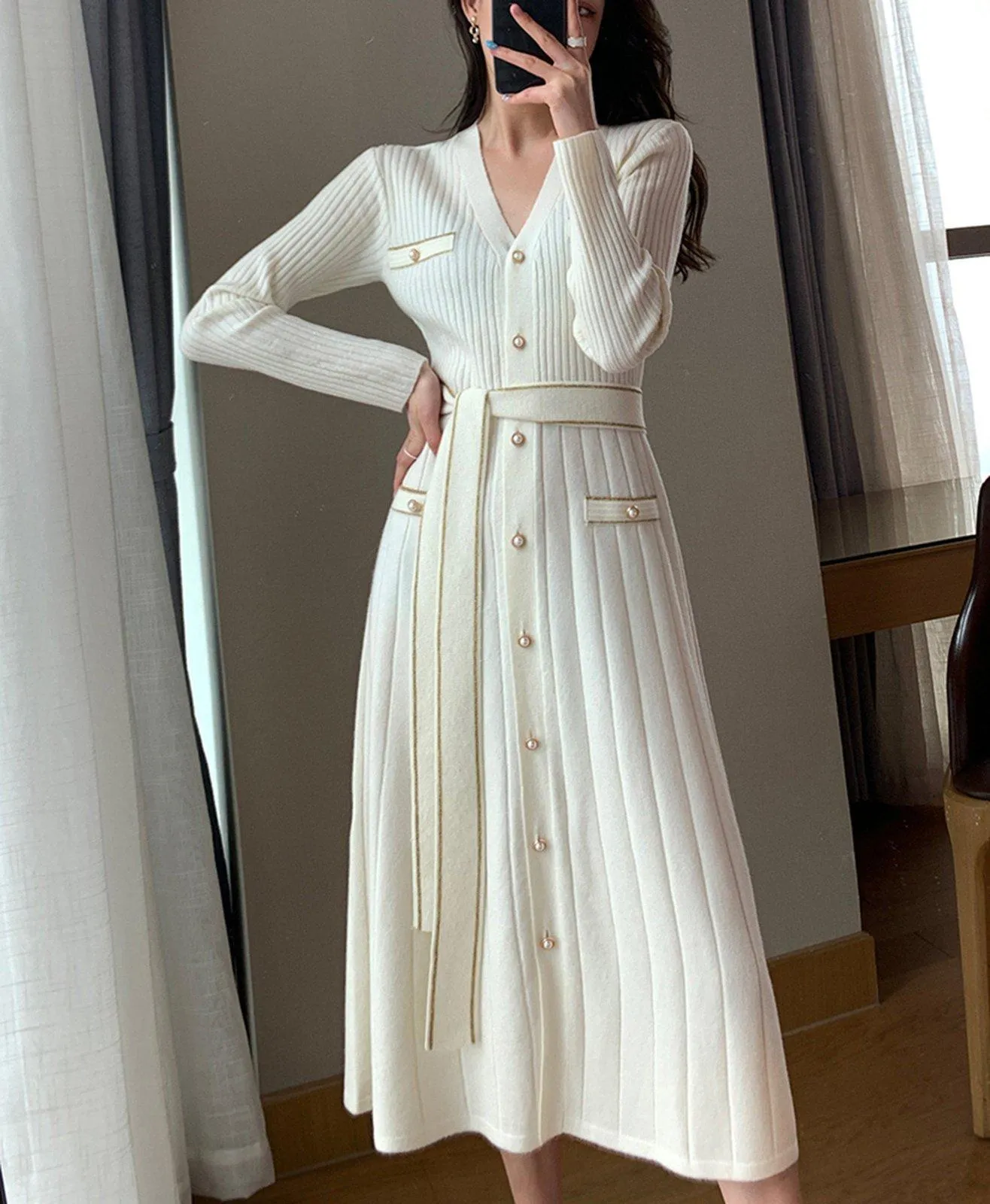 Long Sleeve Button Belted Midi Knit Sweater Dress