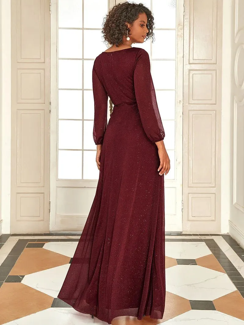 Long Sleeve V-Neck Thigh Slit Bridesmaid Dress