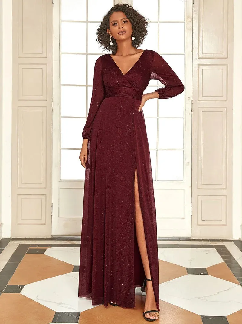 Long Sleeve V-Neck Thigh Slit Bridesmaid Dress