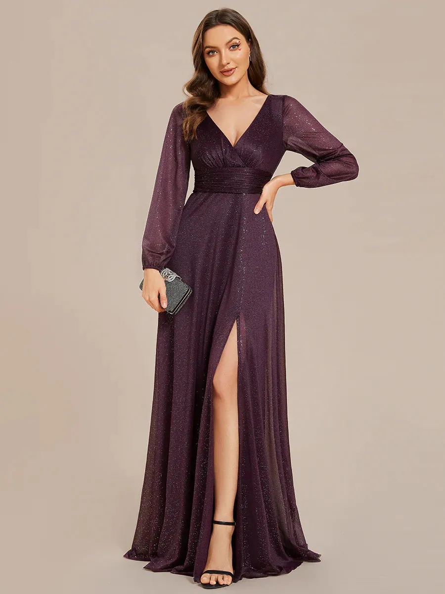 Long Sleeve V-Neck Thigh Slit Bridesmaid Dress