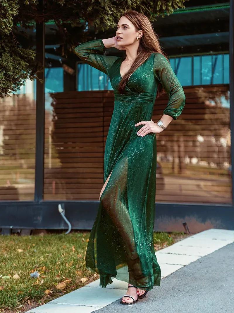 Long Sleeve V-Neck Thigh Slit Bridesmaid Dress