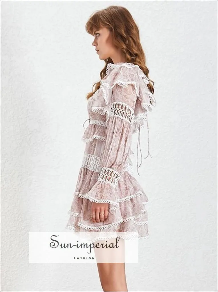 Los Angeles Dress -white Vintage Lace Sheer Women Mini A-line Ruffles Flare Long Sleeve Dress