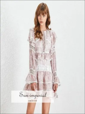 Los Angeles Dress -white Vintage Lace Sheer Women Mini A-line Ruffles Flare Long Sleeve Dress