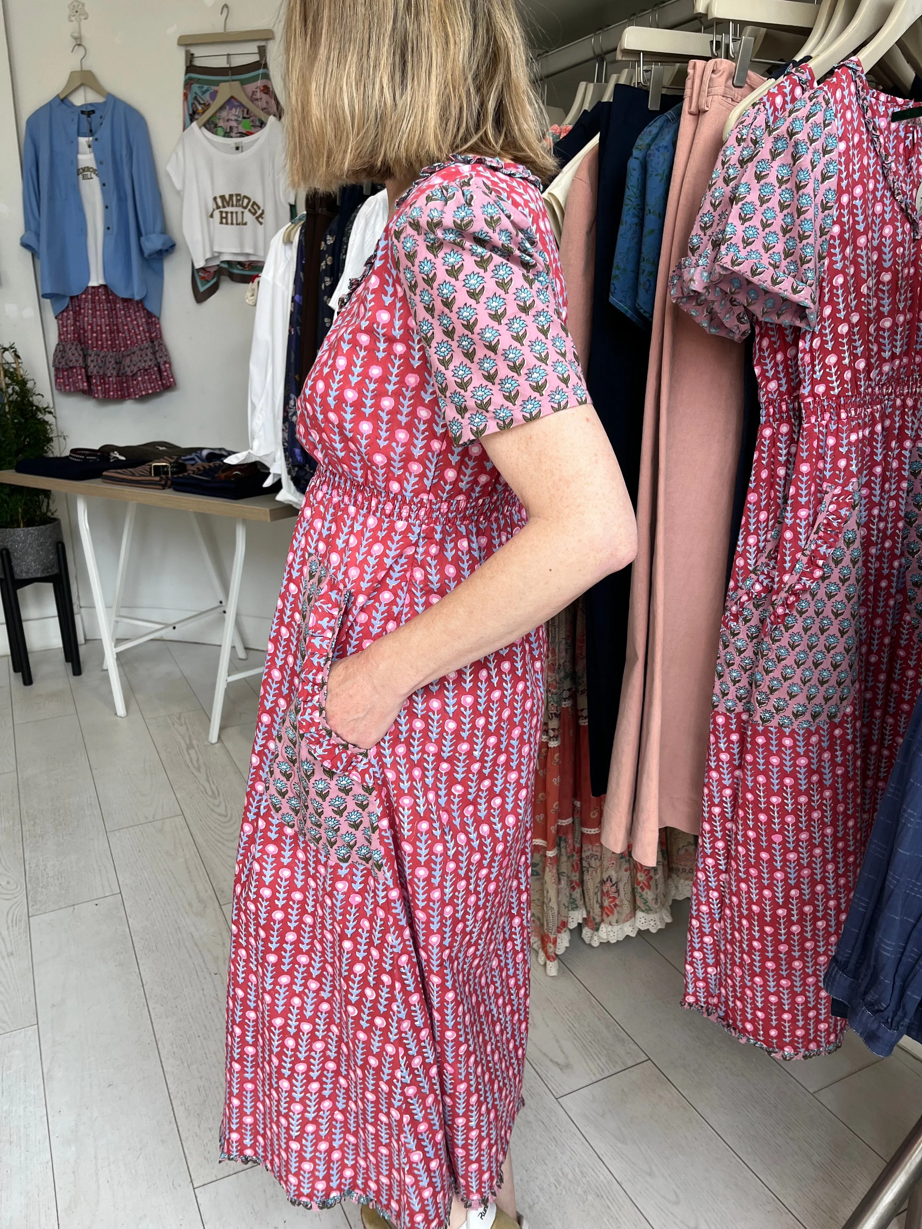 Maria Midi Dress In Red & Pink Woodblock Print