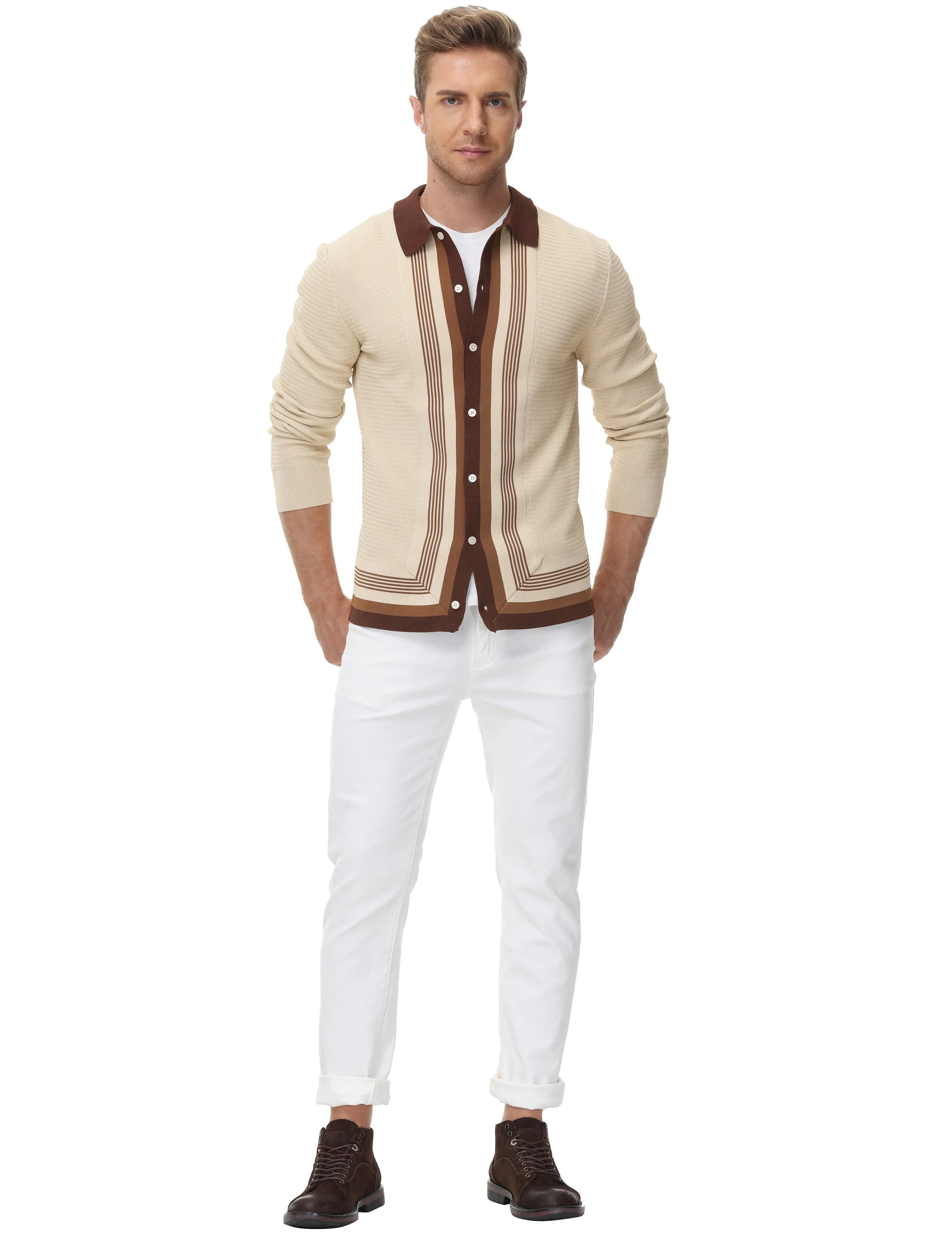 Mens Long Sleeve Button Down Knitted Cardigan Sweaters Stripe Polo Cardigans Shirts