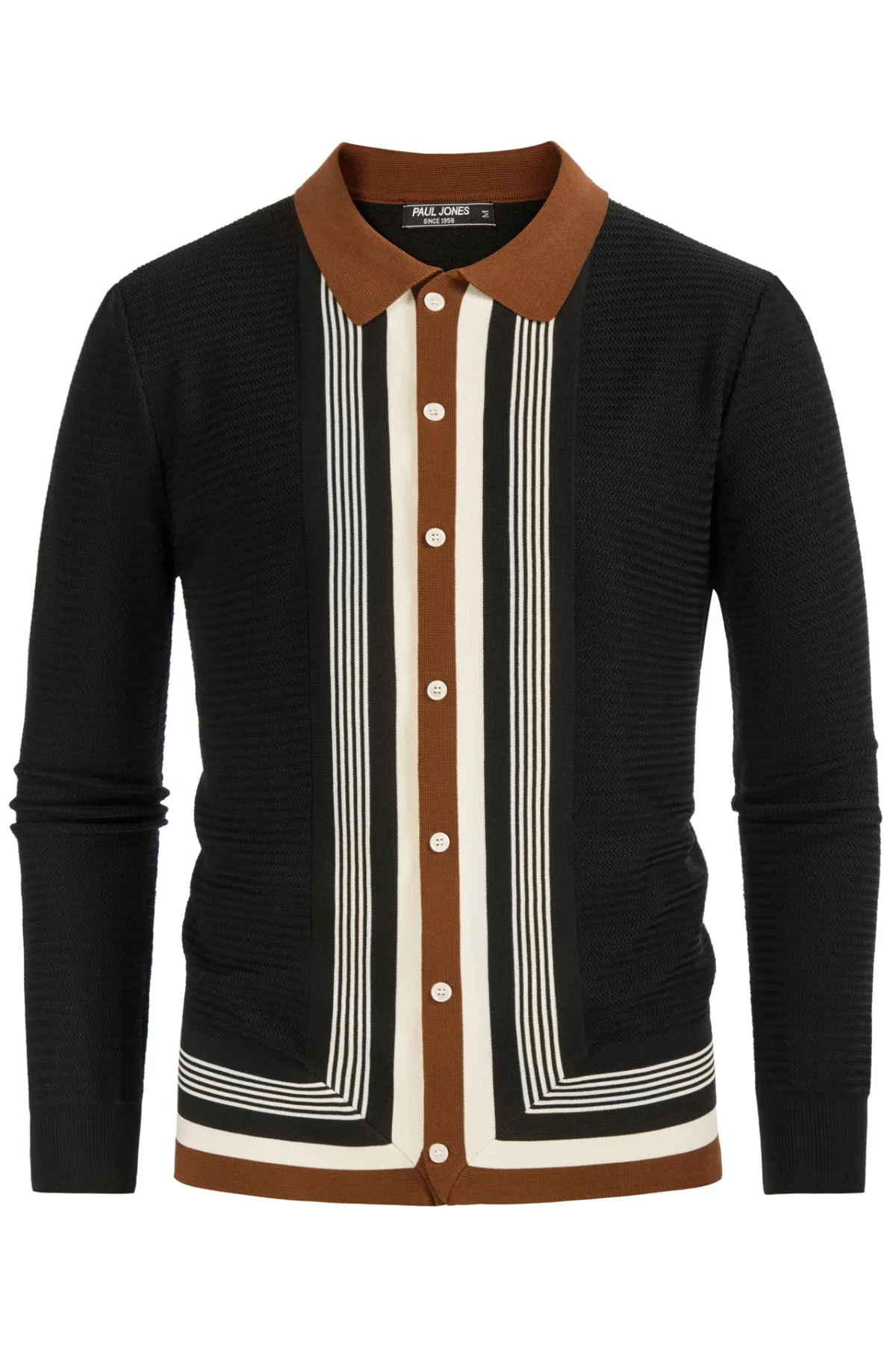 Mens Long Sleeve Button Down Knitted Cardigan Sweaters Stripe Polo Cardigans Shirts