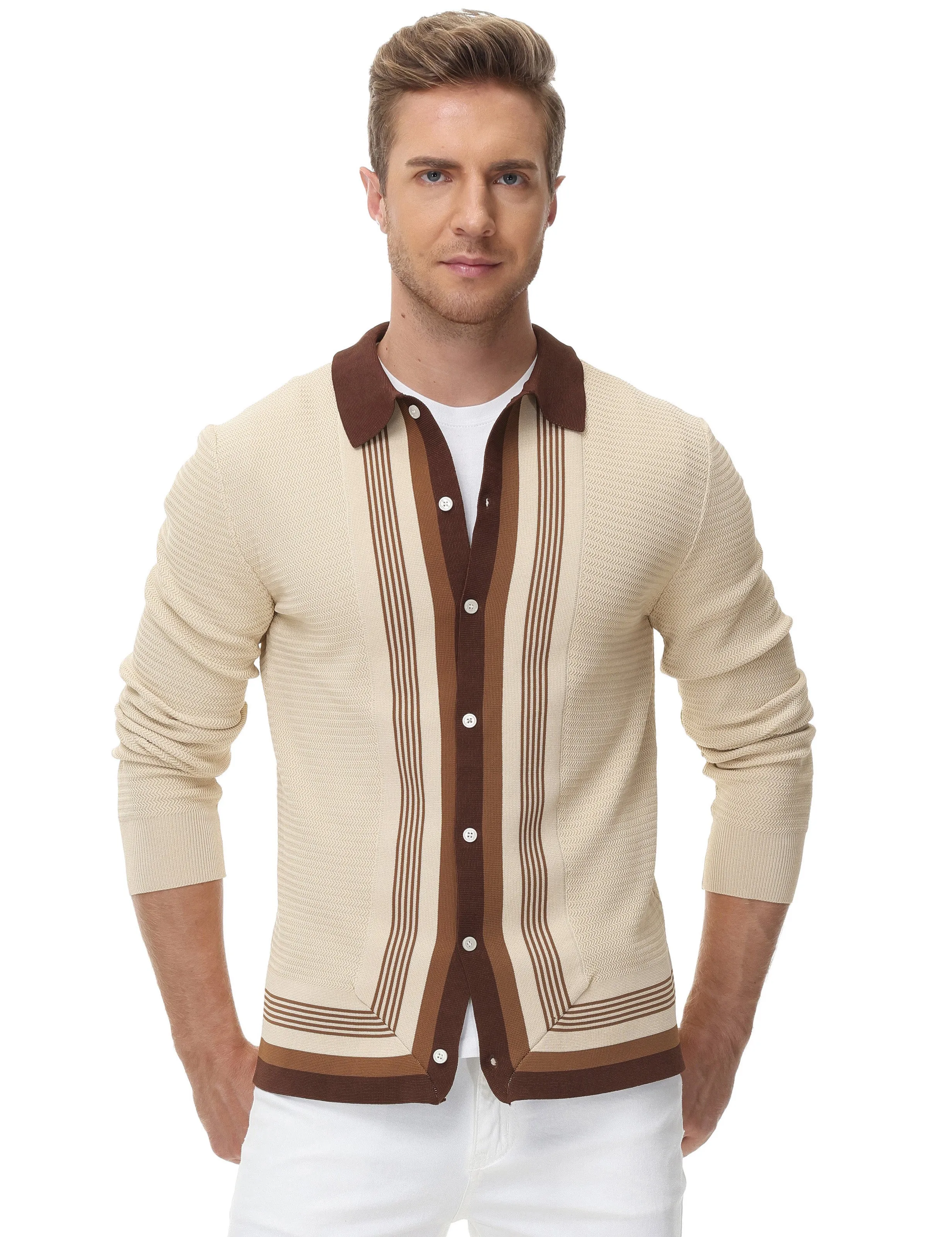 Mens Long Sleeve Button Down Knitted Cardigan Sweaters Stripe Polo Cardigans Shirts