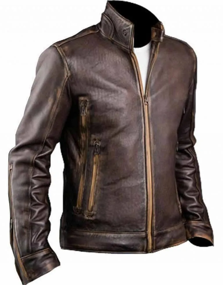 Men's Vintage Retro Biker Brown Waxed Leather Jacket