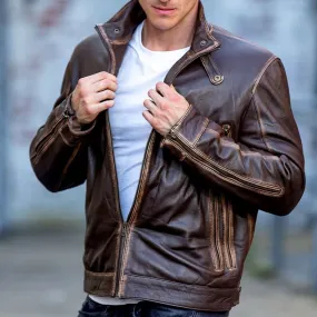 Men's Vintage Retro Biker Brown Waxed Leather Jacket