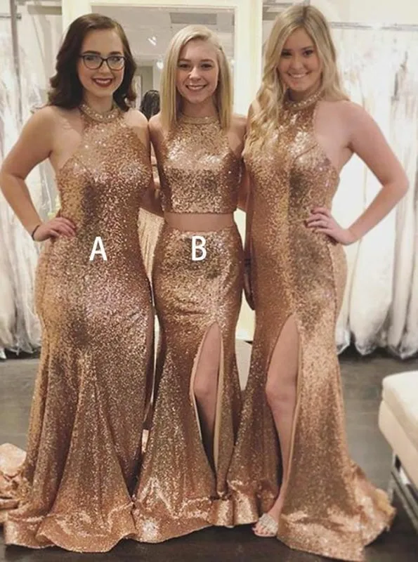 Mermaid Halter Sweep Train Champagne Sequined Bridesmaid Dress