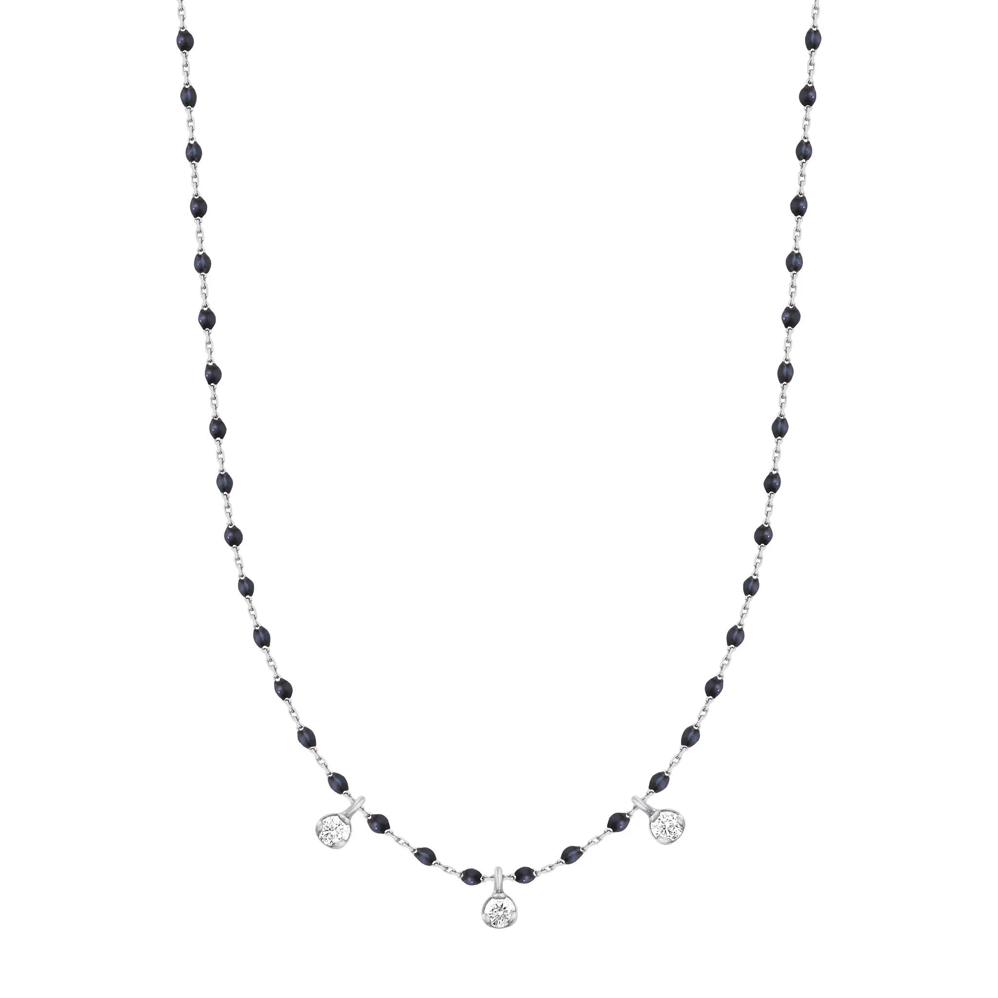 Mini Gigi Black necklace, White Gold 3 diamond, 16.5"