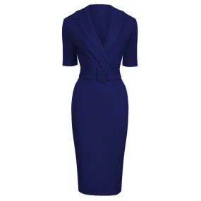 Navy Blue Belted Half Sleeve Collared Wiggle Dress